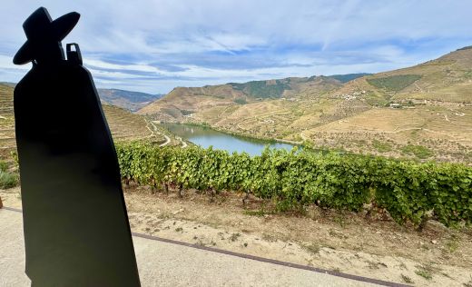Blick auf den Rio Douro von der Quinta do Avessada mit Sandeman figur